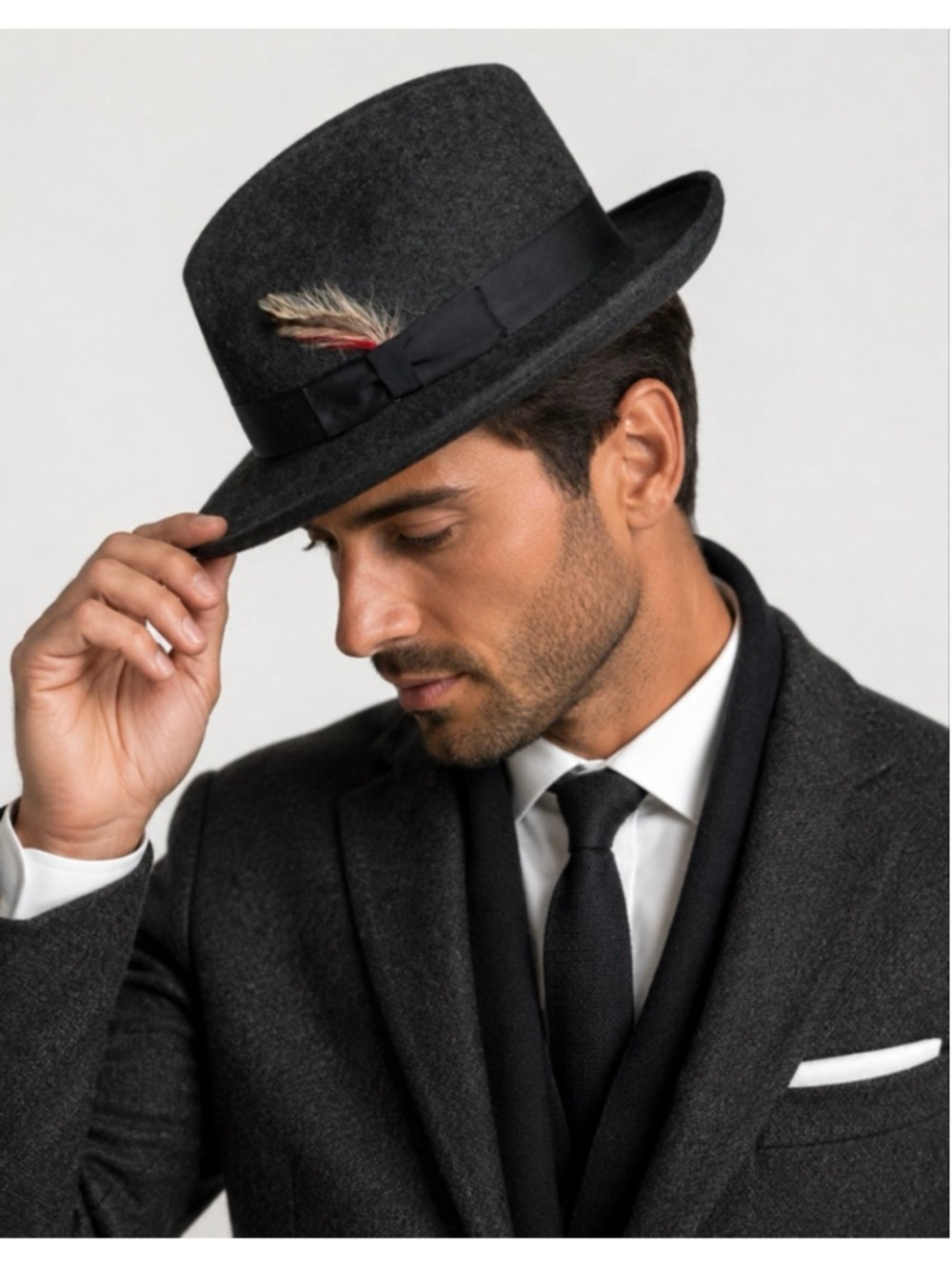 New Men's Pendleton Charcoal Wool Fedora Hat with Black Band & Feathers L